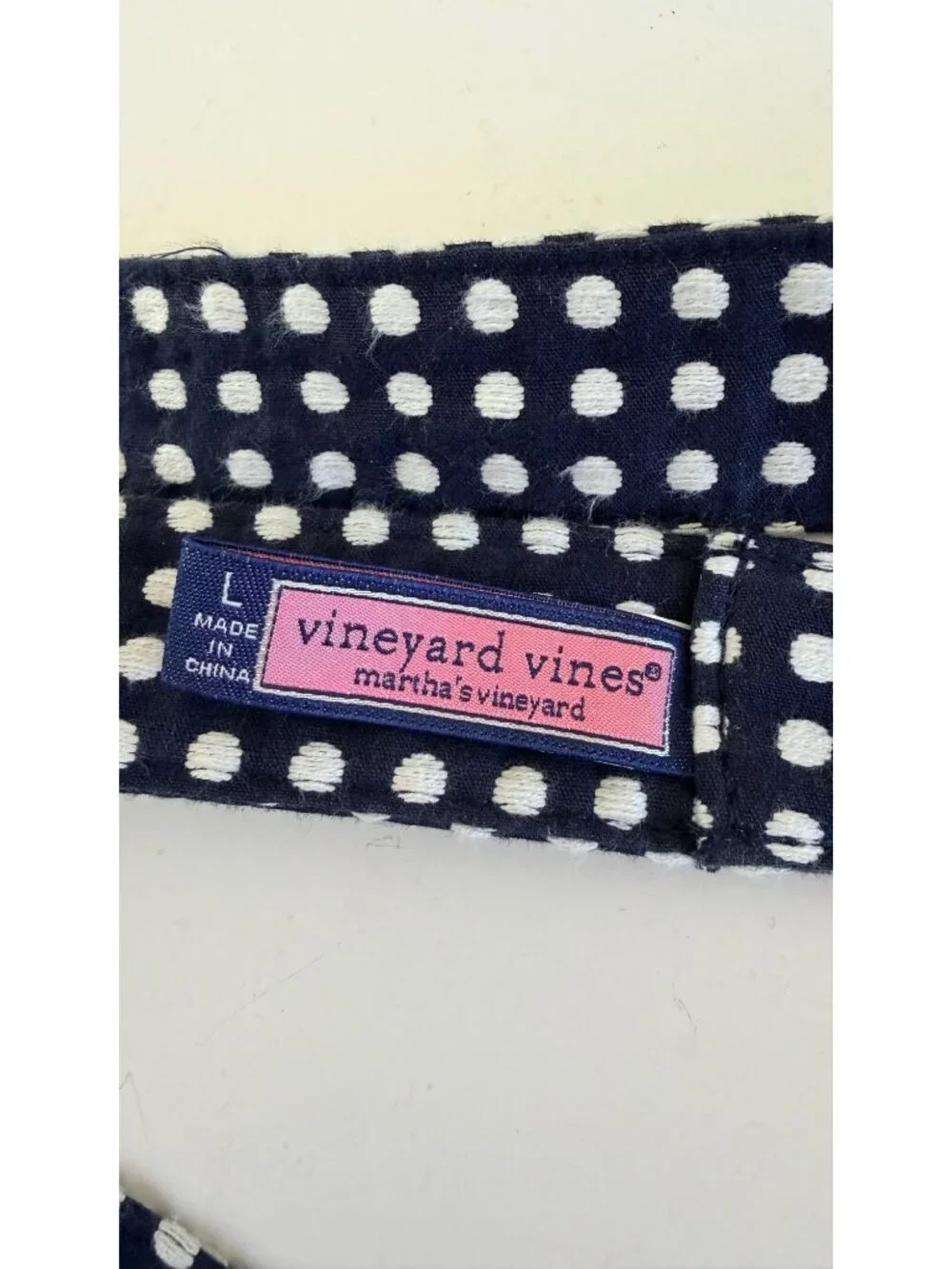 Vineyard Vines Polka Dot Fabric D-Ring Belt Size Large Navy White Gold Trim
